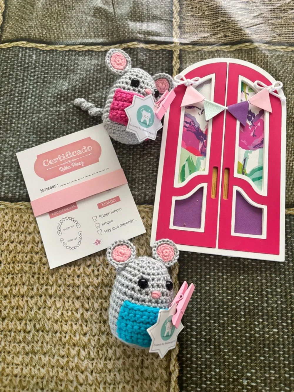 Handmade Crochet Grey and Pink Mouse Plush Toy for Kids